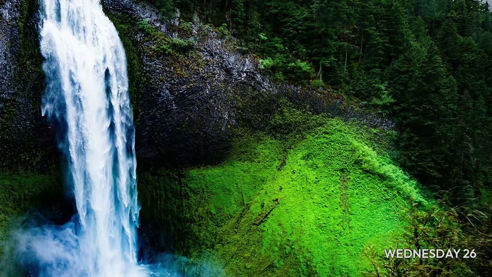 GPU at 48 seconds: a waterfall and green rock face.