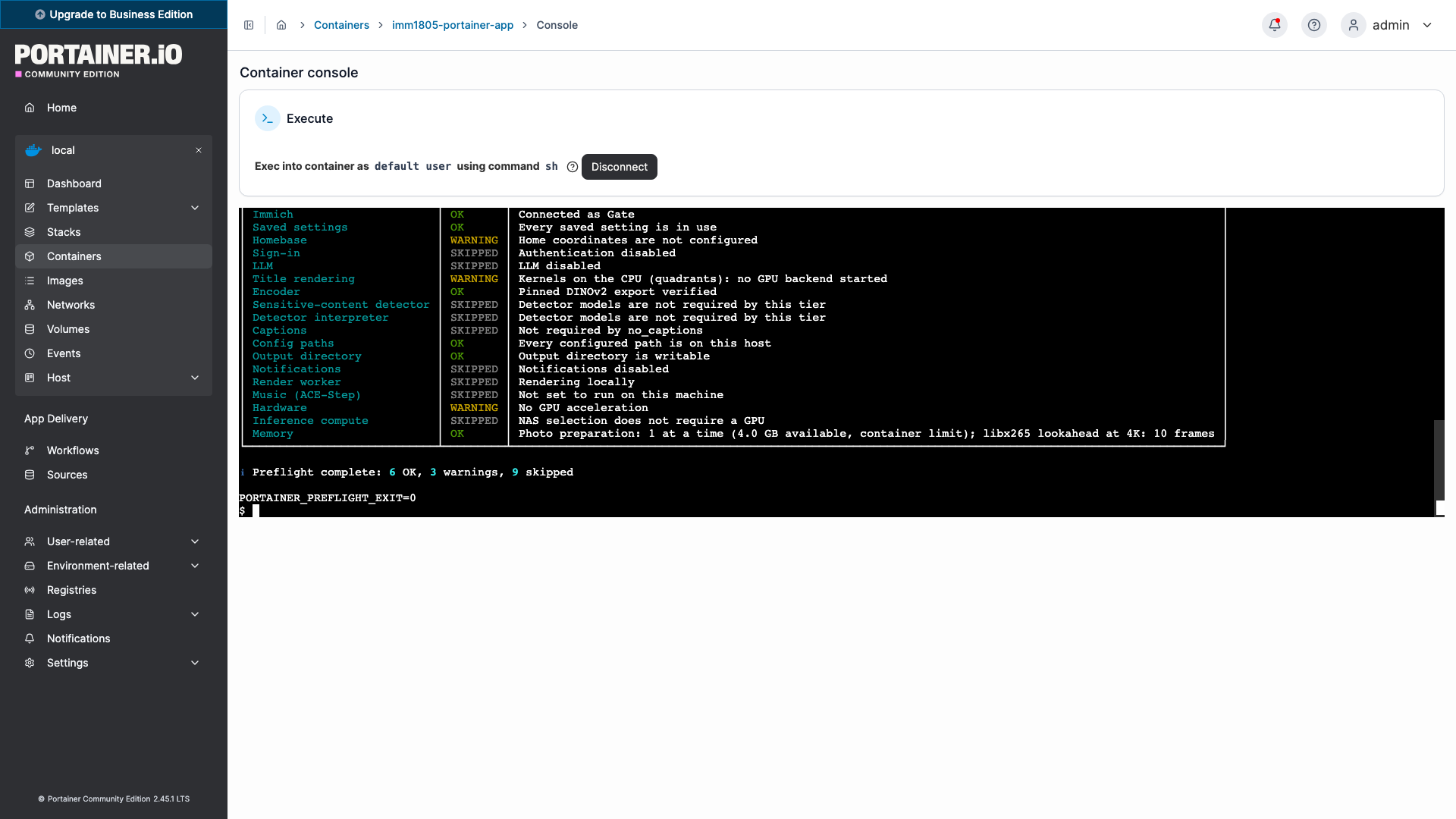 Portainer Console showing the tested app preflight: 6 OK, 3 warnings and 9 skipped checks.
