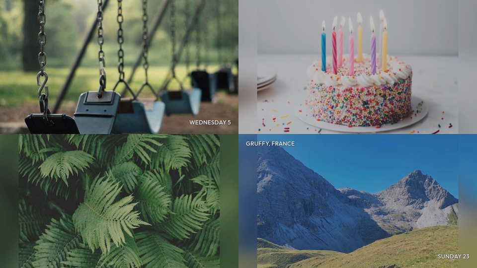 Four actual frames from the Full film: a playground swing, birthday cake, forest fern and mountain scenery.