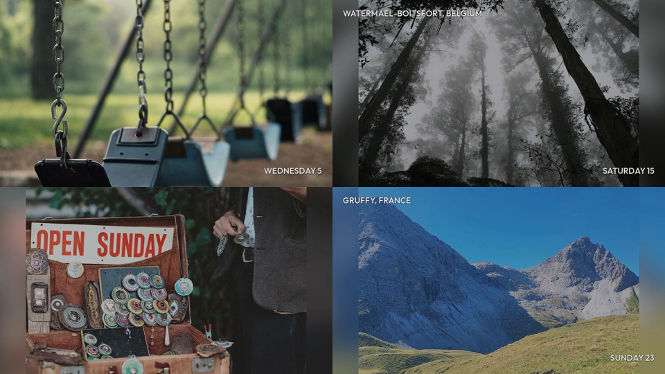 Four actual frames from the Basic film: a playground swing, misty forest, market stall and mountain scenery.