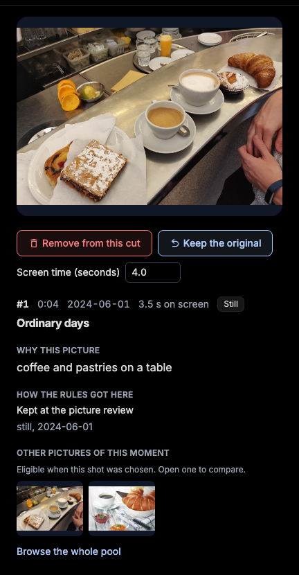 Editing a shot and viewing its alternatives