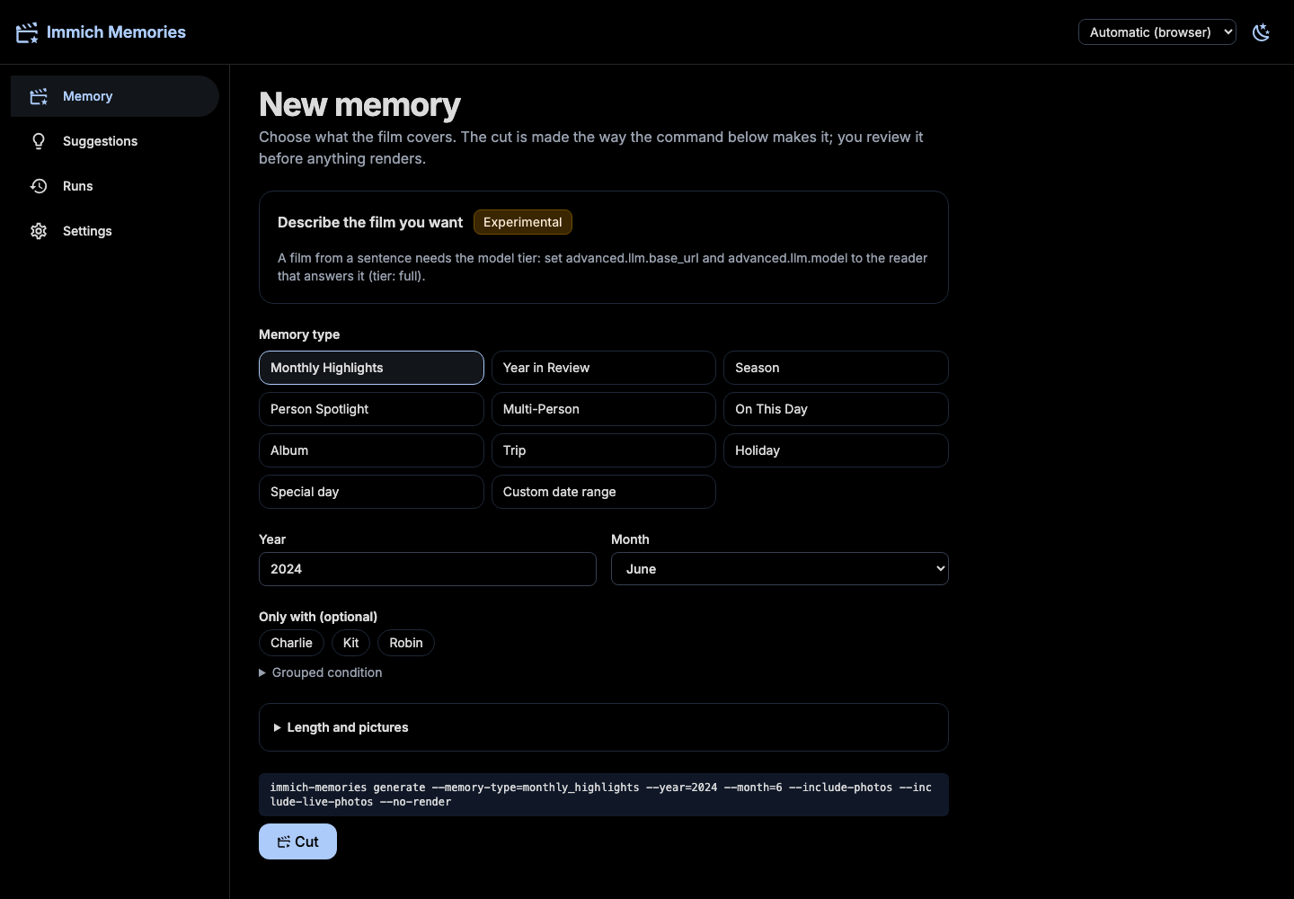 The memory brief with type, dates and Cut button