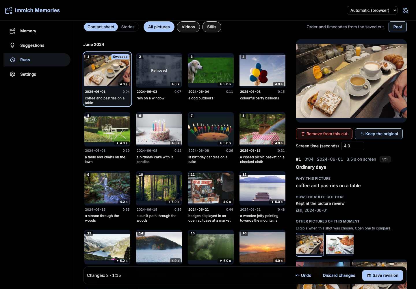 Review a cut: swap a picture and remove a shot before rendering