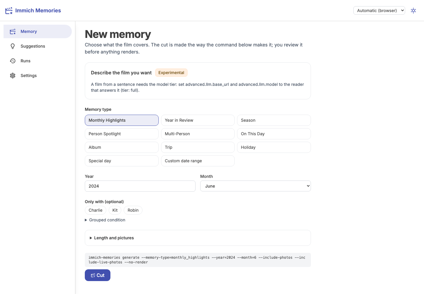 The memory brief with type, dates and Cut button