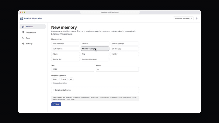 Choose a memory, review and change its cut, and watch the finished film