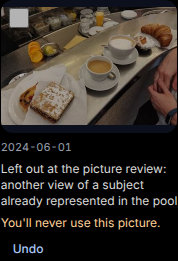 A pool card after Never use: 'You'll never use this picture.' and Undo
