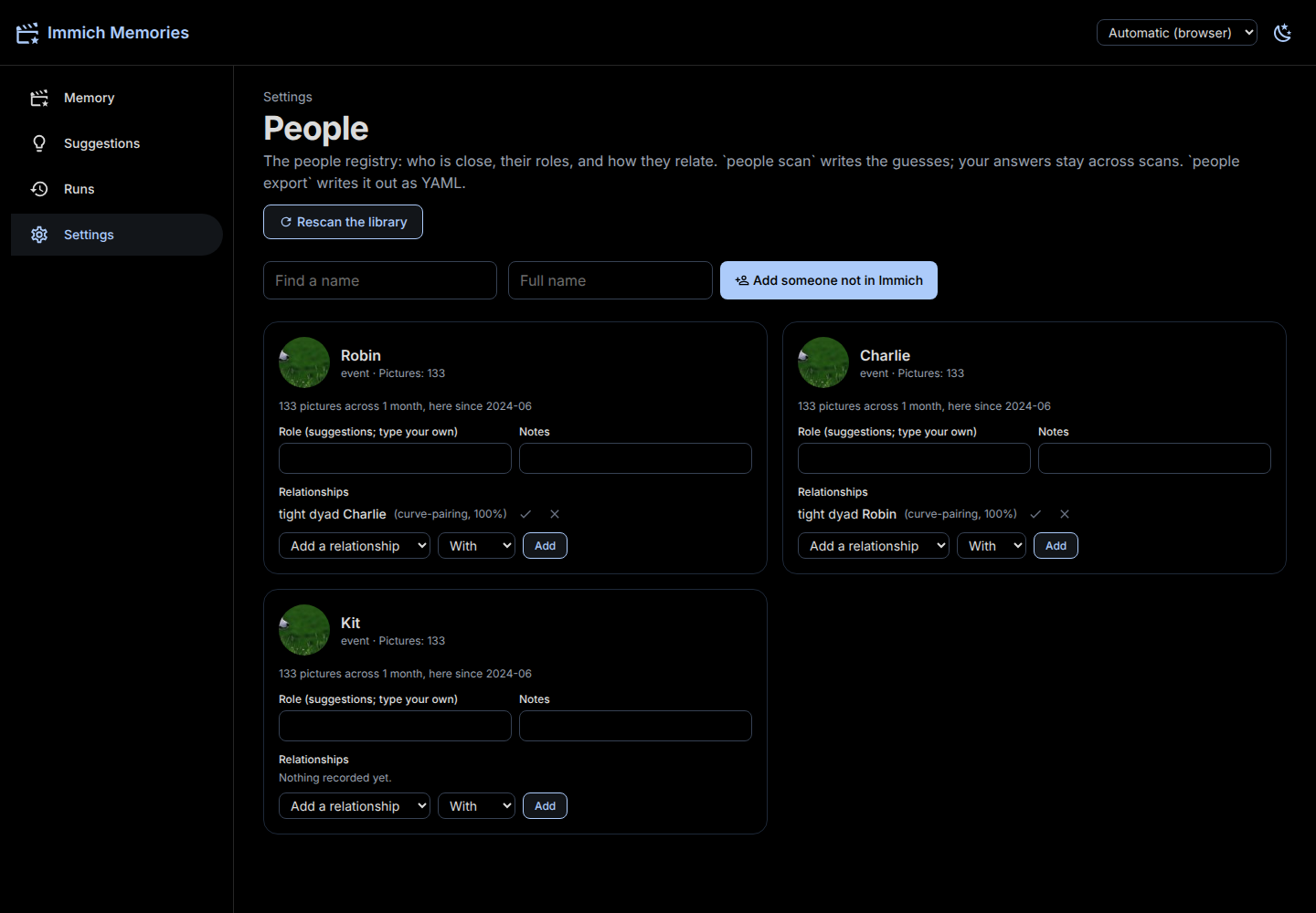 The people file: each person with their picture count, role and relationships