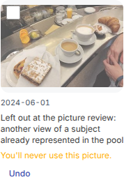 A pool card after Never use: 'You'll never use this picture.' and Undo