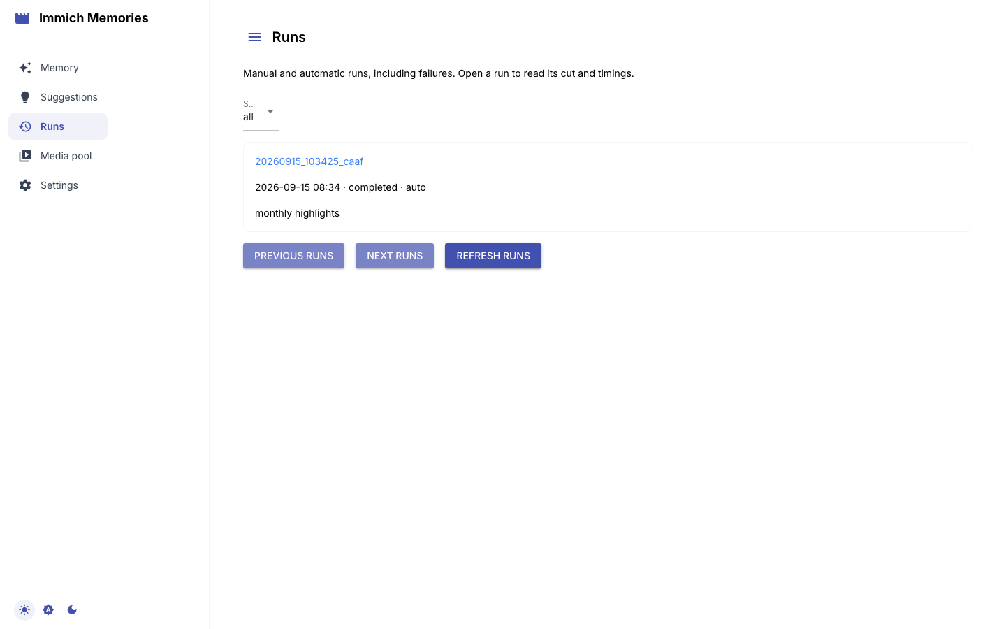 Run history with status, dates and links to each run