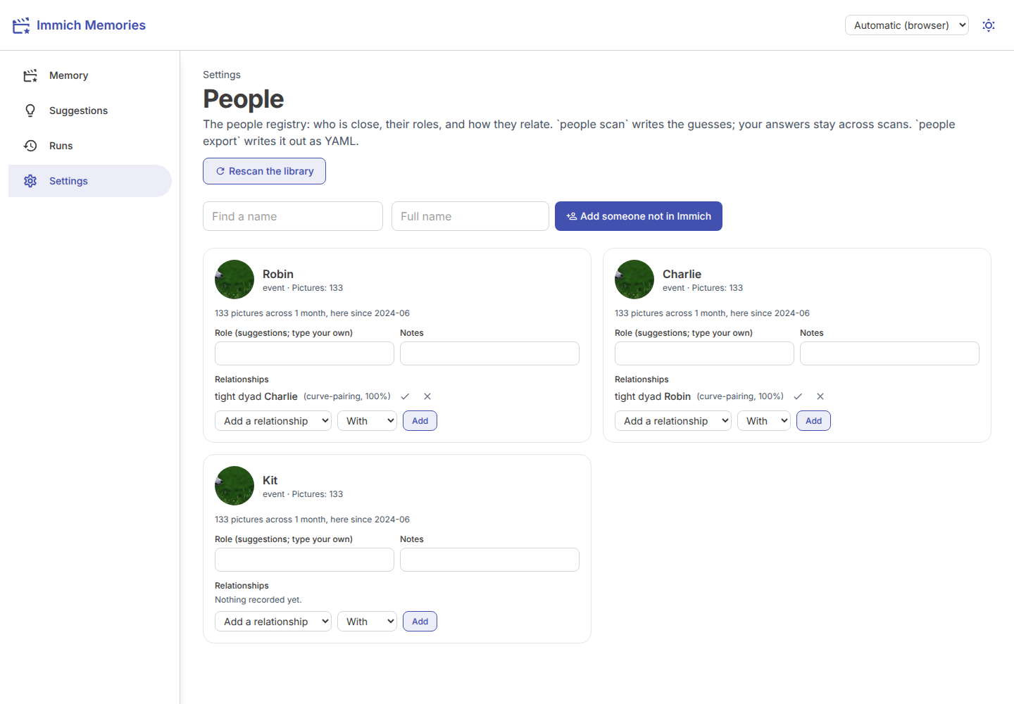 The people file: each person with their picture count, role and relationships