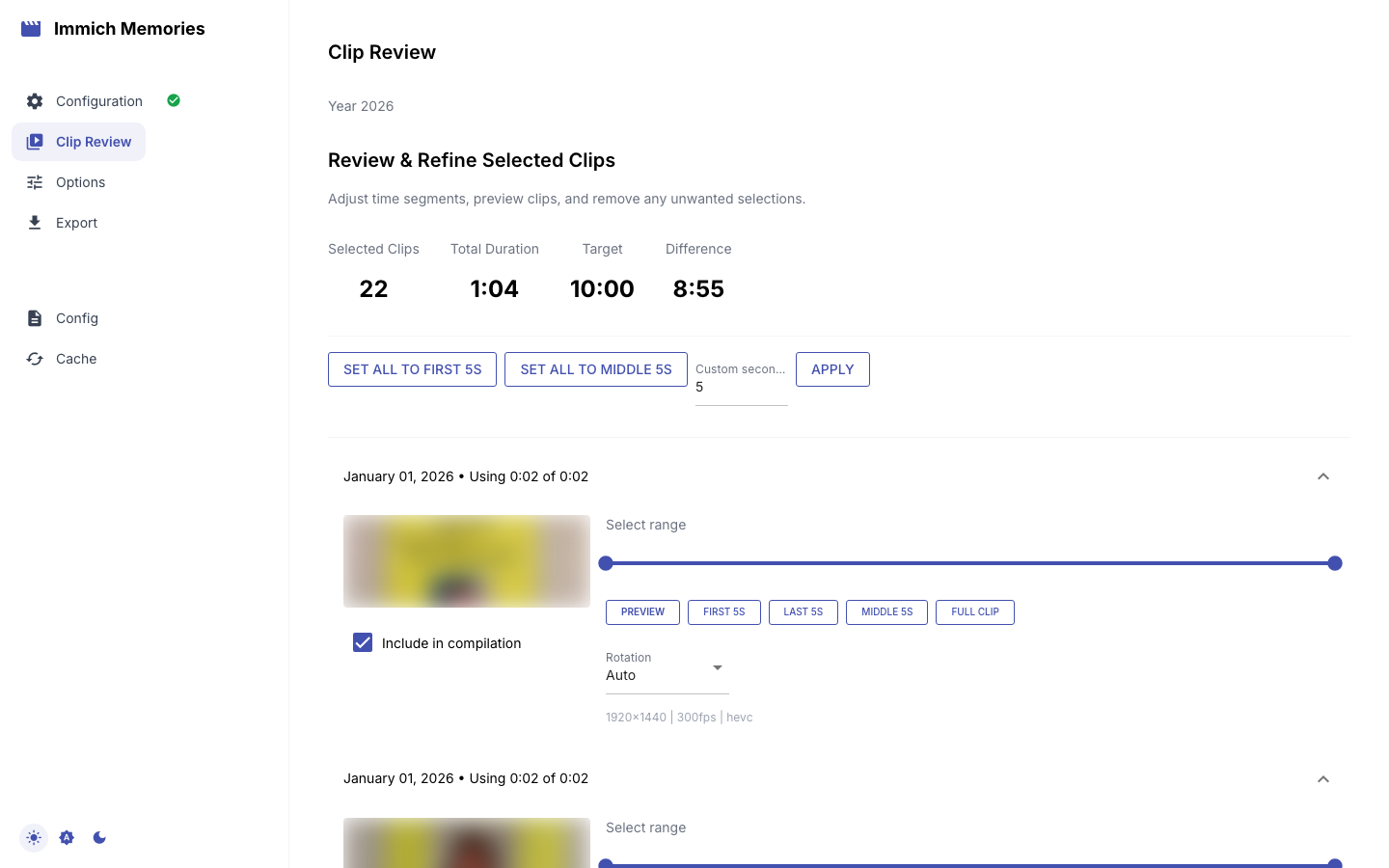 Clip review grid with scored video segments