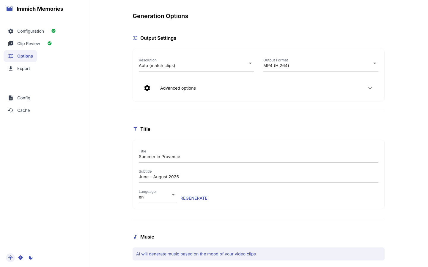 Generation options with title and music settings