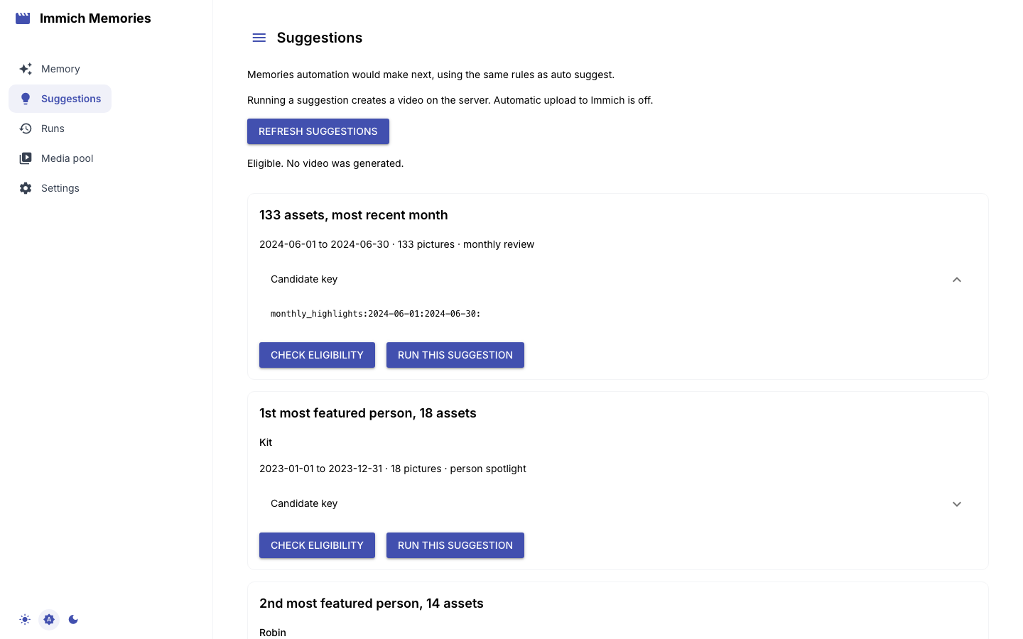 Suggested memories with their dates, reasons and actions